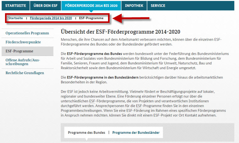 Screenshot ESF-Programme