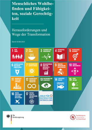Cover des Transformationsberichts "Menschliches Wohlbefinden und Fähigkeiten, soziale Gerechtigkeit"